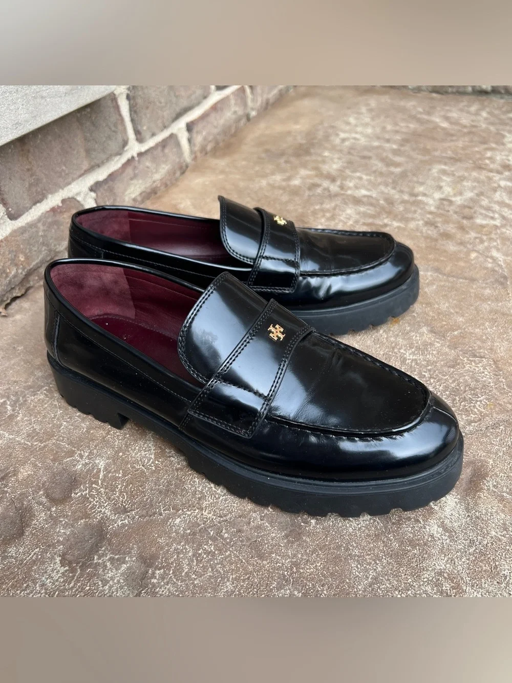 Tory Burch Classic Lug Loafer Black Patent Leather Sz 10